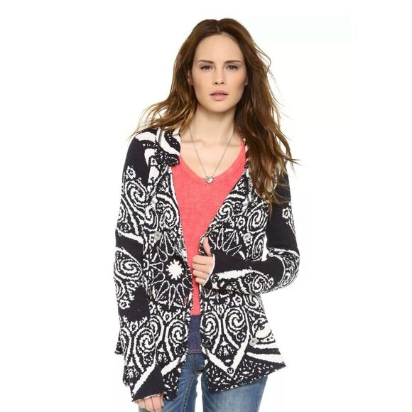 FREE PEOPLE Mandella Intarsia CARDIGAN Knit Jacket size S Boho Black White - Picture 1 of 10